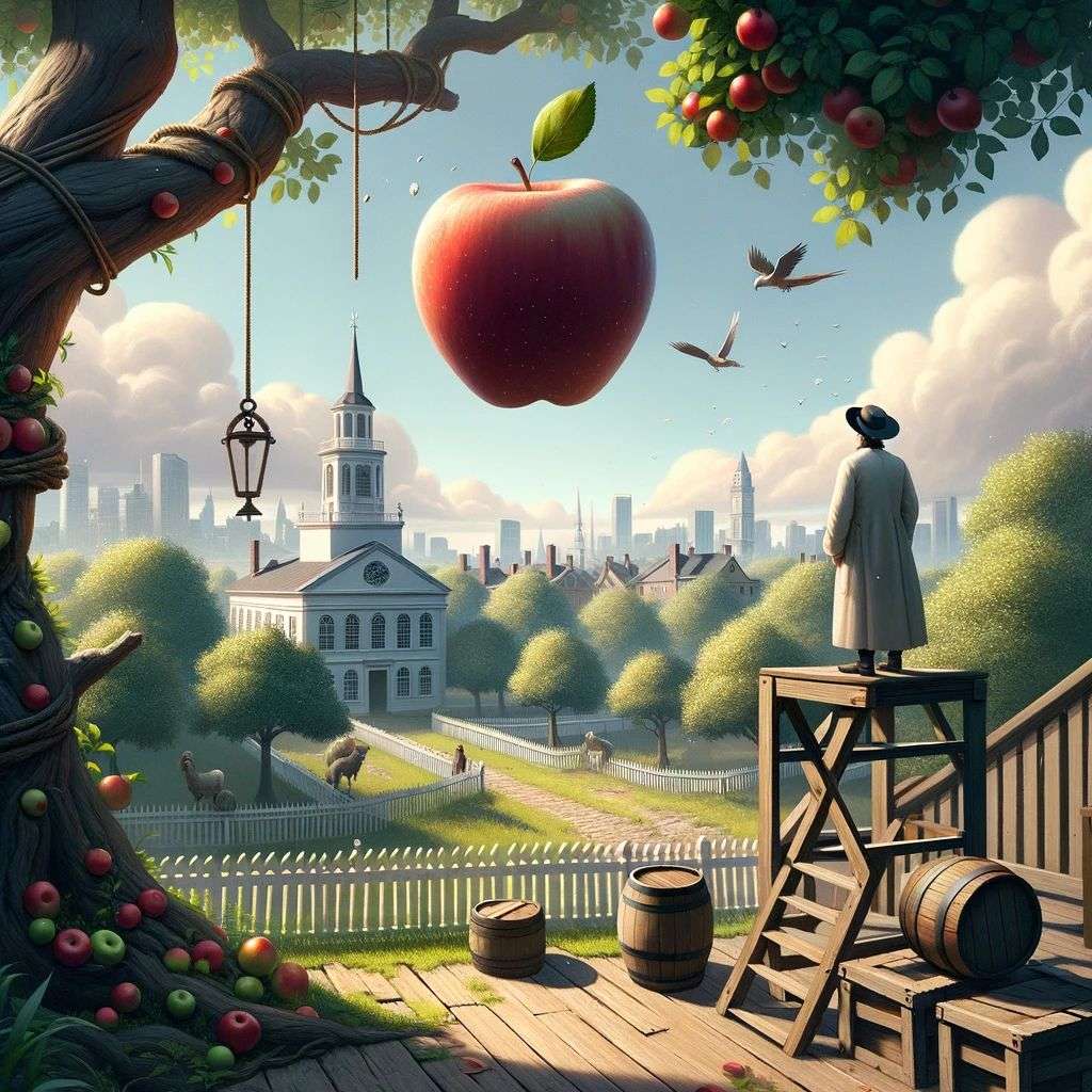 the discovery of gravity, digital art, 2.5D style